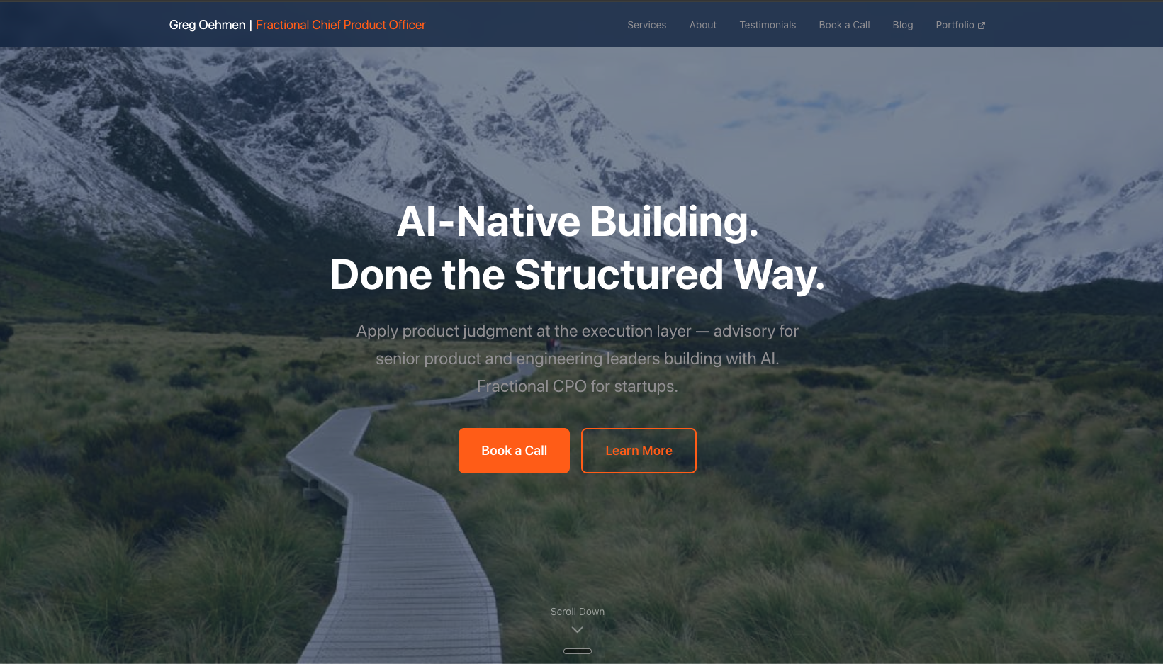gregoehmen.io homepage: AI-native product building and fractional CPO services